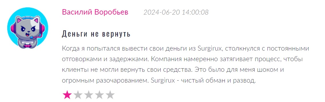 Surgirux  — брокер, который гарантированно создает финансовую пропасть