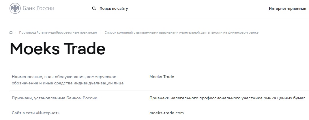 Moeks Trade — лохотрон с имитацией онлайн-трейдинга 